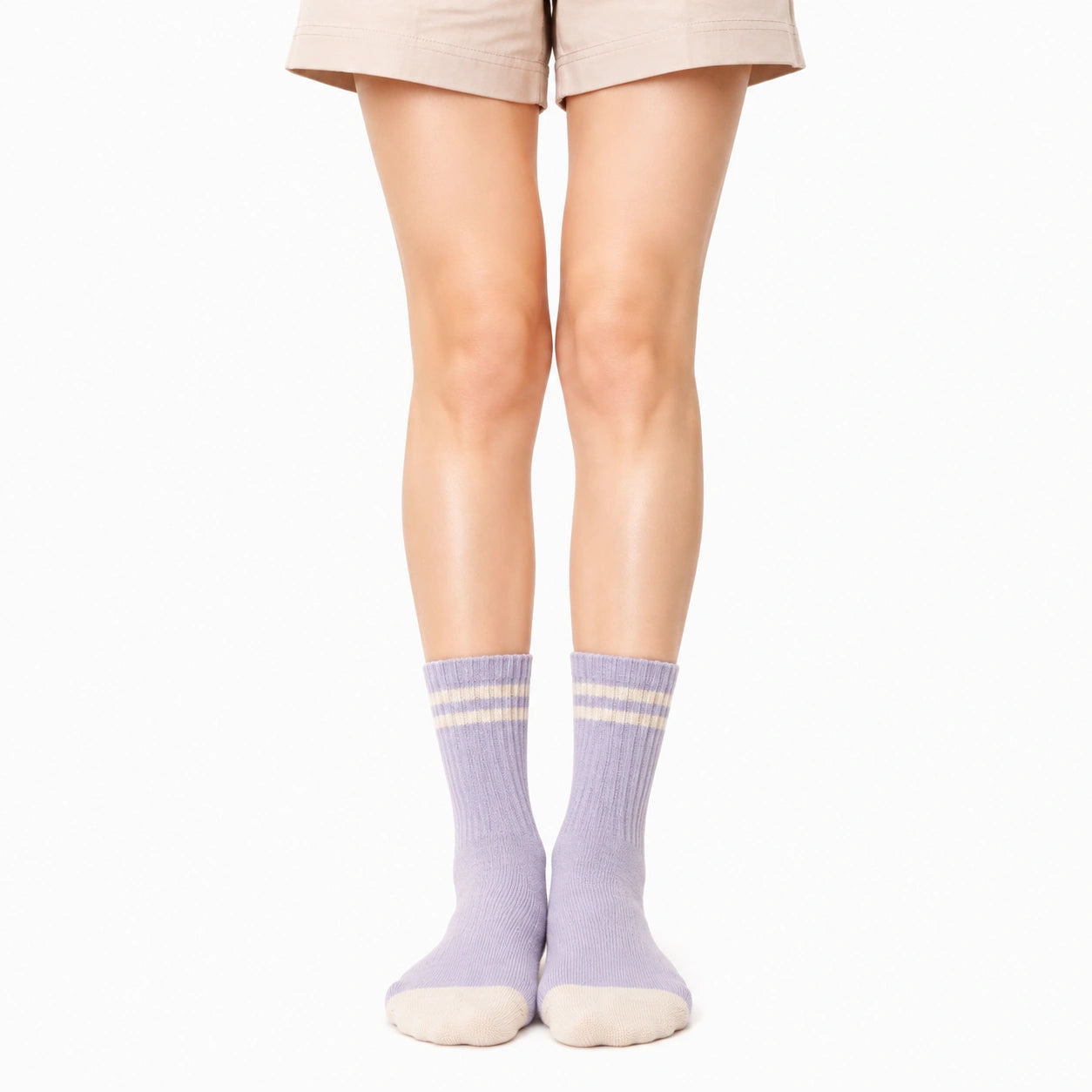Chaussettes mi-mollet 43-46 en maille lilas et crème à rayures style sportif