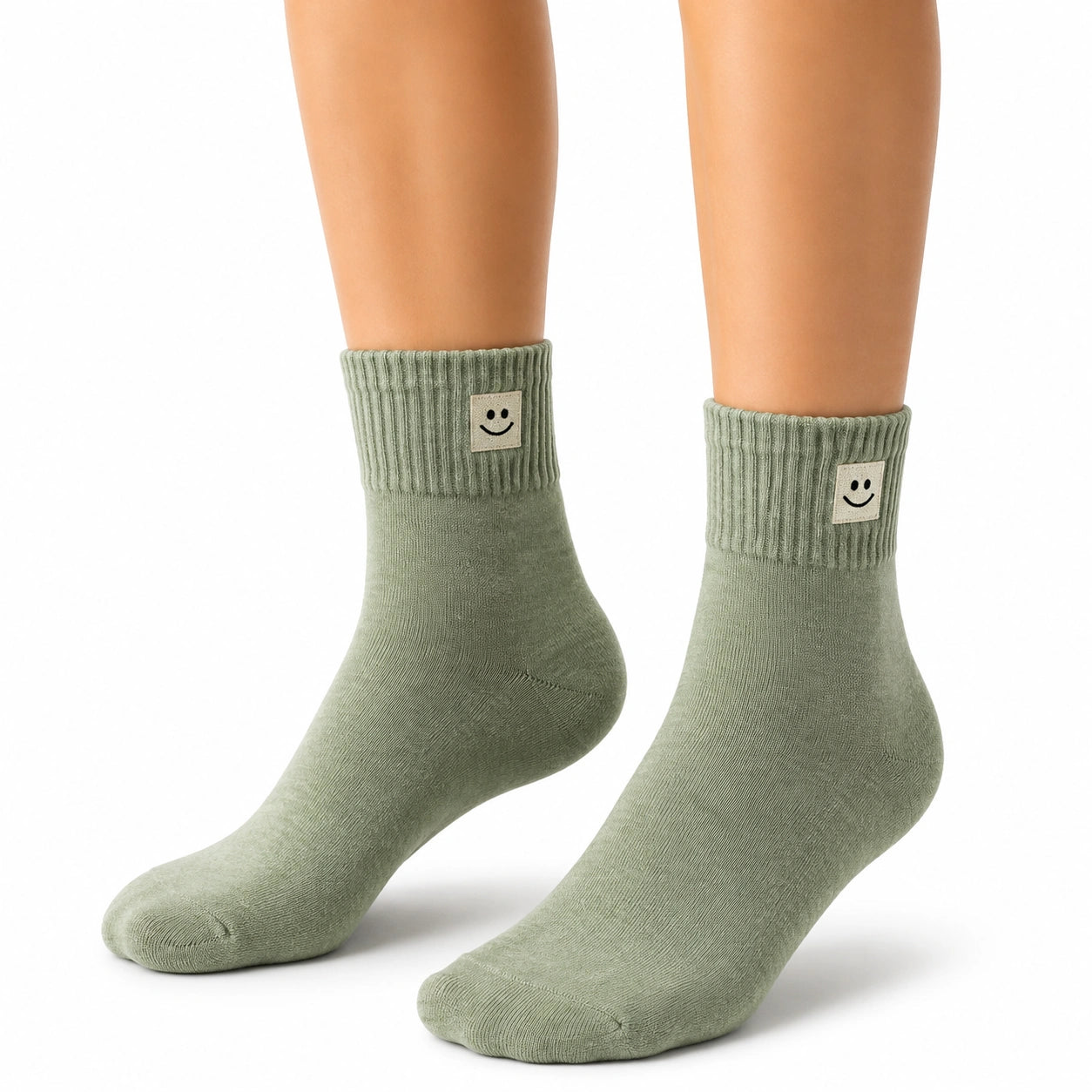 Chaussettes mi-mollet 35-38 en maille vert sauge à revers côtelé