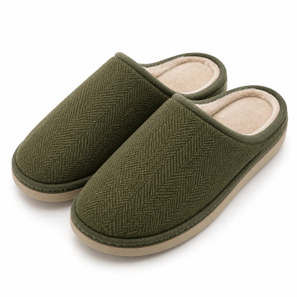 Chaussons 38/39 en textile vert kaki doublés pour intérieur - semelle antidérapante