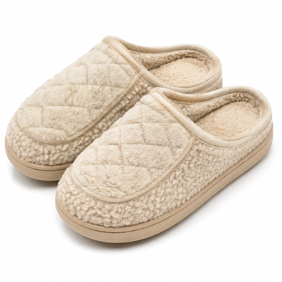Chaussons 40/41 en textile beige matelassé - intérieur peluche et semelle adhérente