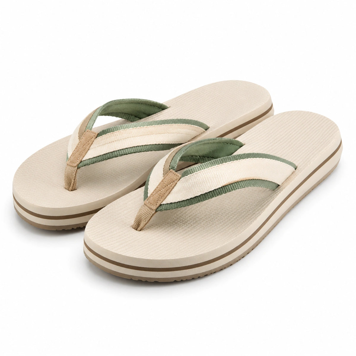 Tongs taille 40/41 en textile beige et vert à semelle légère décontractée